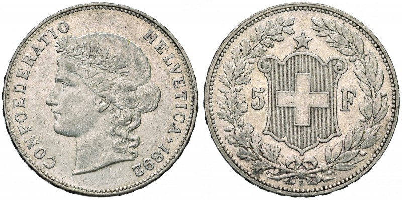 SVIZZERA Confederazione – 5 Franchi 1892 – HMZ 2-1198e AG (g 24,93) Colpetto al ...