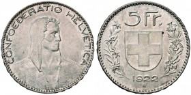 SVIZZERA Confederazione – 5 Franchi 1922 – HMZ 2-1199a AG (g 24,98) 
qFDC