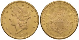 USA 20 Dollars 1899 S – AU (g 33,45) Minimi graffietti sulla guancia e minimi colpetti al bordo
SPL