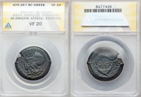 SICILY. Syracuse. Time of Dionysius I (405-367 BC). AE drachm or dilitron (31.99 gm). ANACS VF 20. ΣYPA, head of Athena left, wearing wreathed Corinth...