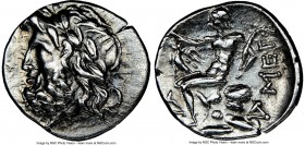 ARCADIA. Megalopolis. Ca. 100-50 BC. AR triobol or hemidrachm (16mm, 5h). NGC Choice XF, brushed. Laureate head of Zeus left / MEΓ, Pan seated left on...