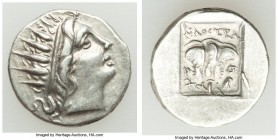 CARIAN ISLANDS. Rhodes. Ca. 88-84 BC. AR drachm (16mm, 2.35 gm, 1h). XF. Plinthophoric standard, Philostra(tus), magistrate. Radiate head of Helios ri...