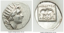 CARIAN ISLANDS. Rhodes. Ca. 88-84 BC. AR drachm (17mm, 2.65 gm, 12h). XF. Plinthophoric standard, Nicagoras, magistrate. Radiate head of Helios right ...