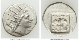 CARIAN ISLANDS. Rhodes. Ca. 88-84 BC. AR drachm (16mm, 2.48 gm, 12h). VF, double struck. Plinthophoric standard, Thrasyme(des), magistrate. Radiate he...