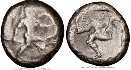 PAMPHYLIA. Aspendus. Ca. mid-5th century BC. AR stater (19mm, 2h). NGC VG. Helmeted nude hoplite warrior advancing right, shield in left hand, spear f...
