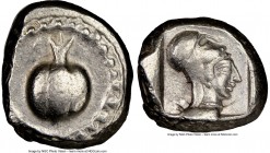 PAMPHYLIA. Side. Ca. 5th century BC. AR stater (21mm, 12h). NGC VF. Ca. 430-400 BC. Pomegranate; guilloche beaded border / Head of Athena right, weari...