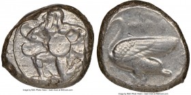 CILICIA. Mallus. Ca. 440-385 BC. AR stater (21mm, 11h). NGC Choice XF. Bearded male, winged, in kneeling/running stance left, holding solar disk with ...
