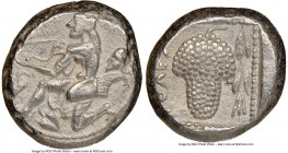 CILICIA. Soloi. Ca. 440-400 BC. AR stater (20mm, 9h). NGC XF. Amazon, nude to waist, on one knee left, wearing pointed cap, bowcase attached to belt, ...