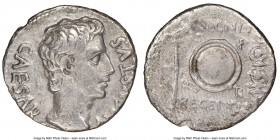 Augustus (27 BC-AD 14). AR denarius (19mm, 7h). NGC Choice Fine. Spanish mint, ca. 19 BC. CAESAR-AVGVSTVS, bare head of Augustus right; dotted border ...