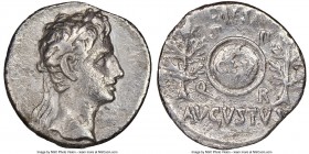 Augustus (27 BC-AD 14). AR denarius (18mm, 7h). NGC Choice Fine. Spain, Colonia Patricia(?), 19-18 BC. Laureate head of Augustus right, no legend / CA...