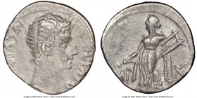 Augustus (27 BC-AD 14). AR denarius (18mm, 9h). NGC Choice Fine. Lugdunum, 15-13 BC. AVGVSTVS-DIVI•F, bare head of Augustus right; dotted border / IMP...