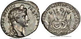 Augustus (27 BC-AD 14). AR denarius (19mm, 3.75 gm, 2h). NGC AU 4/5 - 4/5. Lugdunum, 2 BC-AD 4. CAESAR AVGVSTVS-DIVI F PATER PATRIAE, laureate head of...