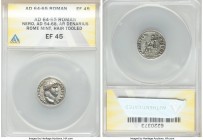 Nero (AD 54-68). AR denarius (17mm, 6h). ANACS EF 45, hair tooled. Rome, ca. AD 64-65. NERO CAESAR-AVGVSTVS, laureate head of Nero right / IVPPITER-CV...