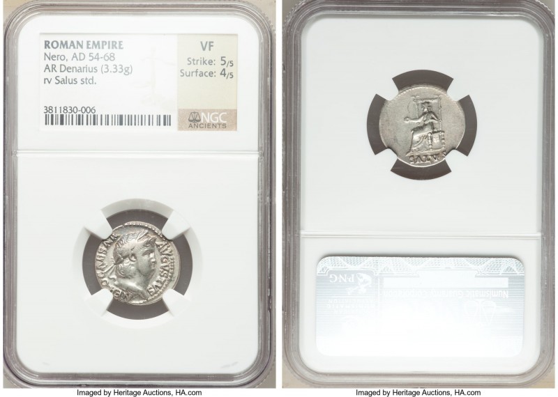 Nero (AD 54-68). AR denarius (19mm, 3.33 gm, 6h). NGC VF 5/5 - 4/5. Rome, AD 65-...