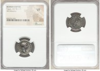 Trajan (AD 98-117). AR denarius (19mm, 7h). NGC VF. Rome, AD 107-108. IMP TRAIANO AVG GER DAC P M TR P•, laureate bust of Trajan right, drapery on lef...