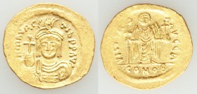 Maurice Tiberius (AD 582-602). AV solidus (22mm, 4.39 gm, 7h). XF, clipped. Constantinople, 1st officina. o N mAVRC-TIb PP AVG, draped and cuirassed b...