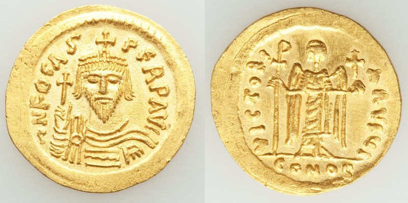 Phocas (AD 602-610). AV solidus (22mm, 4.39 gm, 6h). Choice AU, clipped, brushed...