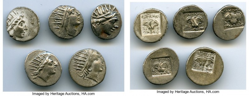 ANCIENT LOTS. Greek. Carian Islands. Rhodes. Ca. 88-84 BC. Lot of five (5) AR dr...