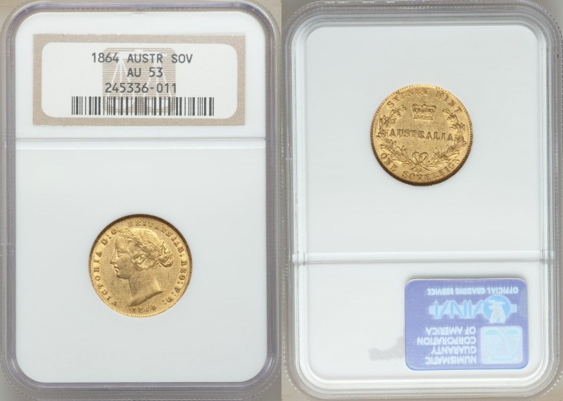 Victoria gold Sovereign 1864-SYDNEY AU53 NGC, Sydney mint, KM4. AGW 0.2353 oz.

...