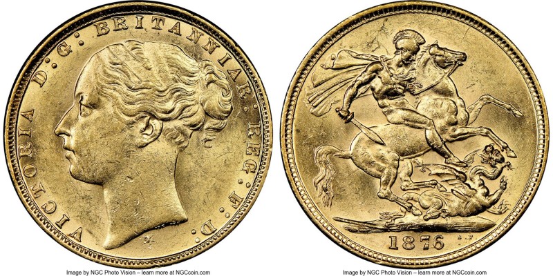 Victoria gold "St. George" Sovereign 1876-M AU58 NGC, Melbourne mint, KM7.AGW 0....