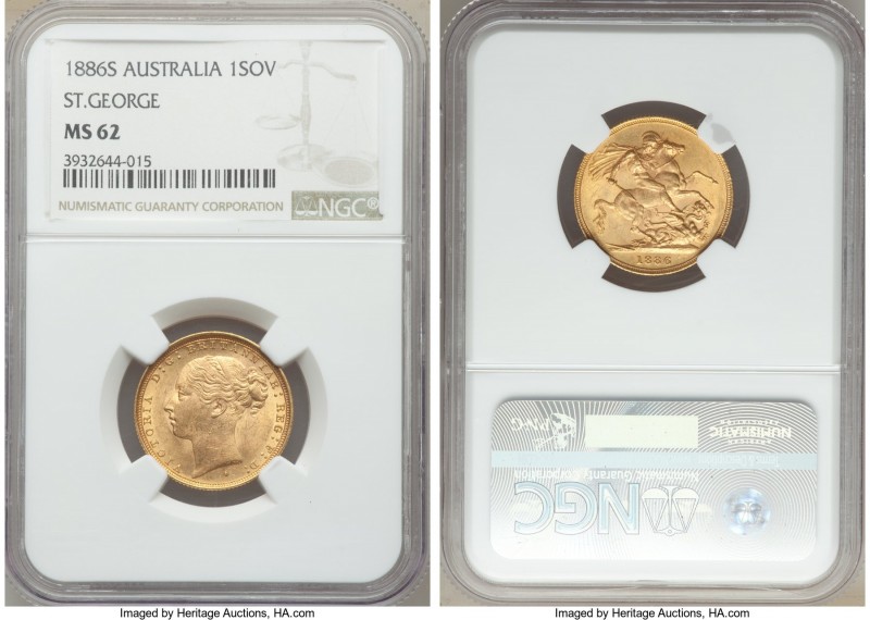 Victoria gold "St. George" Sovereign 1886-S MS62 NGC, Sydney mint, KM7. AGW 0.23...