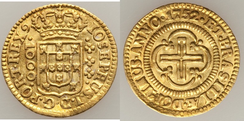 Jose I gold 1000 Reis 1752-(L) AU, Lisbon mint, KM162.1. 17.8mm. 1.95gm. 

HID09...