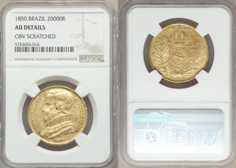 Pedro II gold 20000 Reis 1850 AU Details (Obverse Scratched) NGC, Rio de Janeiro...