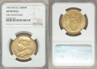 Pedro II gold 20000 Reis 1850 AU Details (Obverse Scratched) NGC, Rio de Janeiro mint, KM461. Three year type. AGW 0.5286 oz. 

HID09801242017