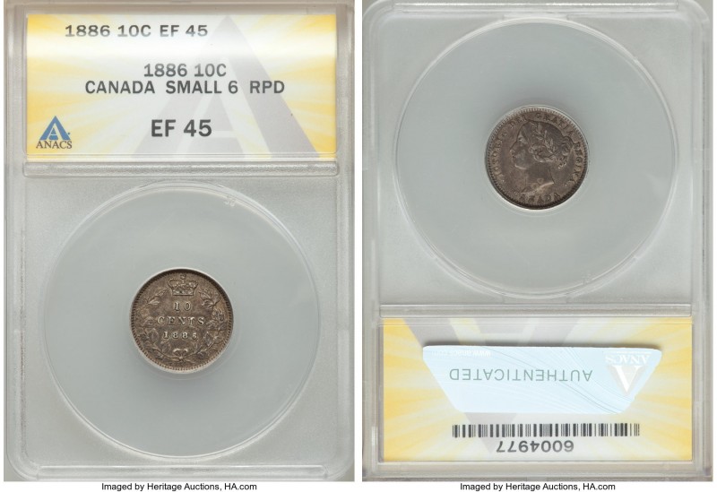 Victoria "Small 6 - Repunched" 10 Cents 1886 XF45 ANACS, London mint, KM3. Small...
