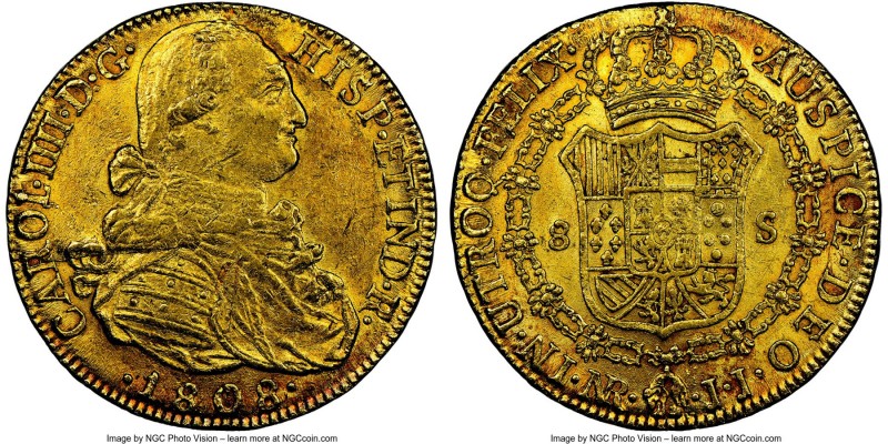Charles IV gold 8 Escudos 1808 NR-JJ AU55 NGC, Nuevo Reino mint, KM66.1, Fr-60. ...