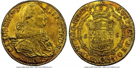 Charles IV gold 8 Escudos 1808 NR-JJ AU55 NGC, Nuevo Reino mint, KM66.1, Fr-60. Variety with offset semicolon between "D" and "G". Light merlot periph...