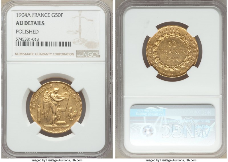 Republic gold 50 Francs 1904-A AU Details (Polished) NGC, Paris mint, KM831, Fr-...