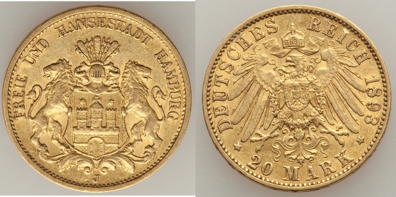 Hamburg. Free City gold 20 Mark 1893-J XF, Hamburg mint, KM618. 22.4mm. 7.94gm. ...