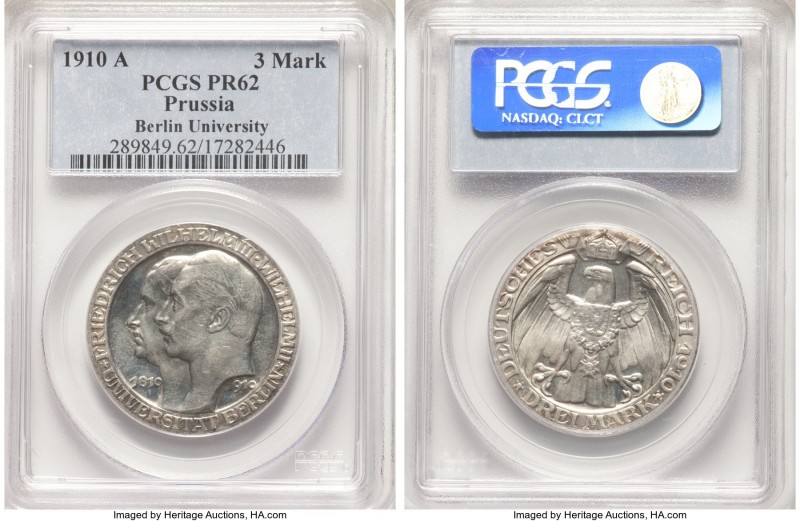 Prussia. Wilhelm II Proof 3 Mark 1910-A PR62 PCGS, Berlin mint, KM530. Centennia...