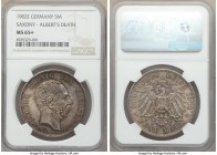 Saxony. Georg 5 Mark 1902-E MS65+ NGC, Muldenhutten mint, KM1256, J-128. One year type commemorating Albert's death. Luster subdued by flint gray toni...