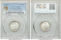 Wilhelm II Mint Error - Struck on Defective Flan 1/2 Mark 1918-D MS66 PCGS, Munich mint, KM17. Crack or lamination starting at one o'clock and running...