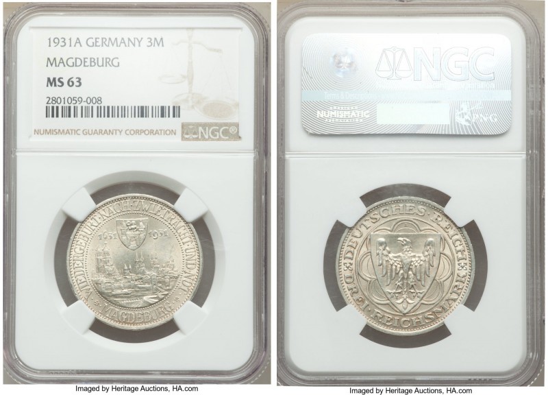 Weimar Republic "Magdeburg" 3 Mark 1931-A MS63 NGC, Berlin mint, KM72. Issued fo...