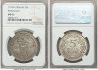 Weimar Republic "Rhineland" 5 Mark 1925-F MS63 NGC, Stuttgart mint, KM47. Issued for the 1000th Year of the Rhineland. Olive gray toning with peripher...