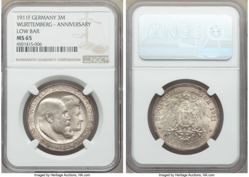 Pair of Certified 3 Marks NGC, 1) Württemberg. Wilhelm II 3 Mark 1911-F MS65, St...