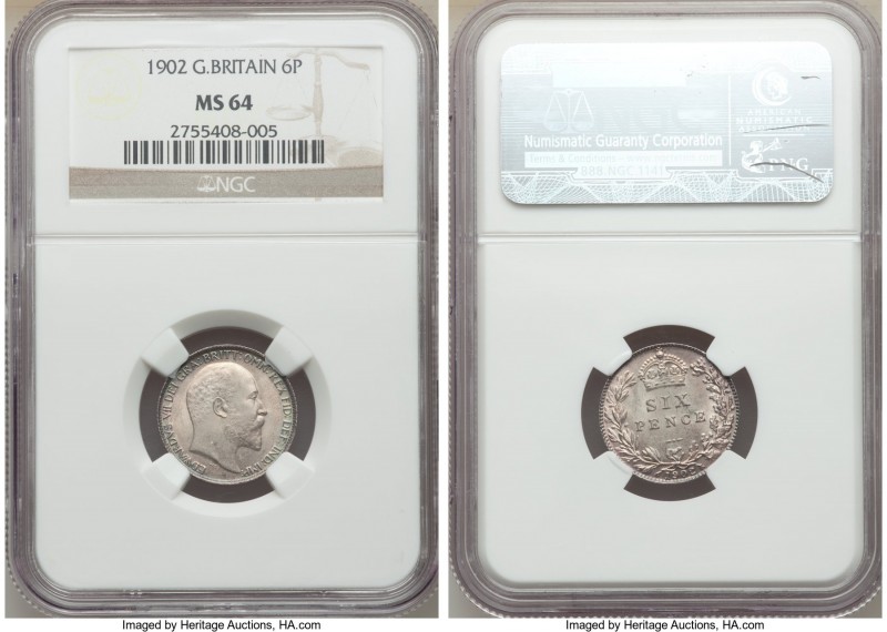 Edward VII 6 Pence 1902 MS64 NGC, KM799. First year of issue with lovely rose-go...