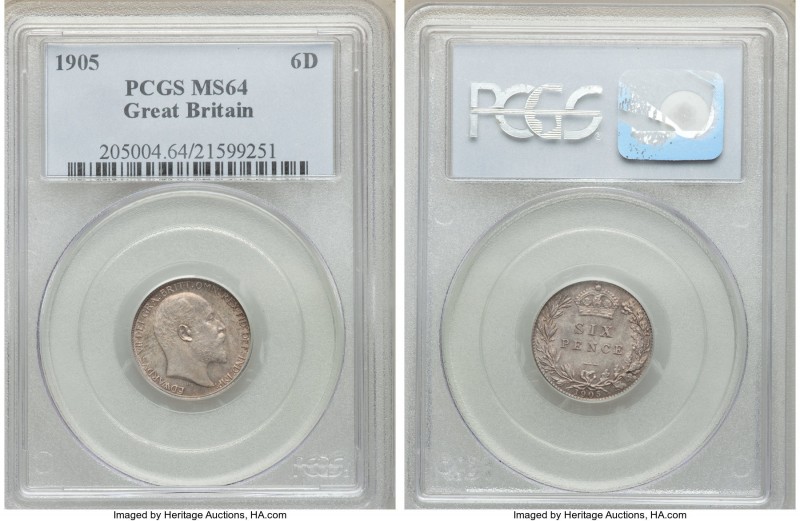 Edward VII 6 Pence 1905 MS64 PCGS, KM799. Gray with rose-gold toning. 

HID09801...