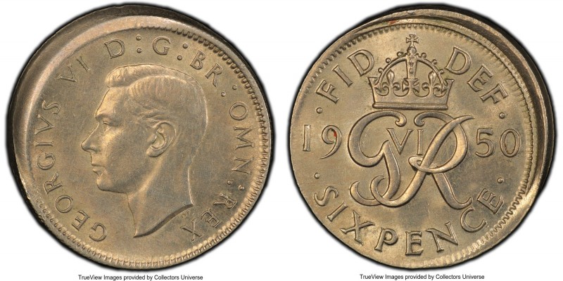 George VI Mint Error - Broadstruck 6 Pence 1950 MS63 PCGS, KM875. Slightly off c...