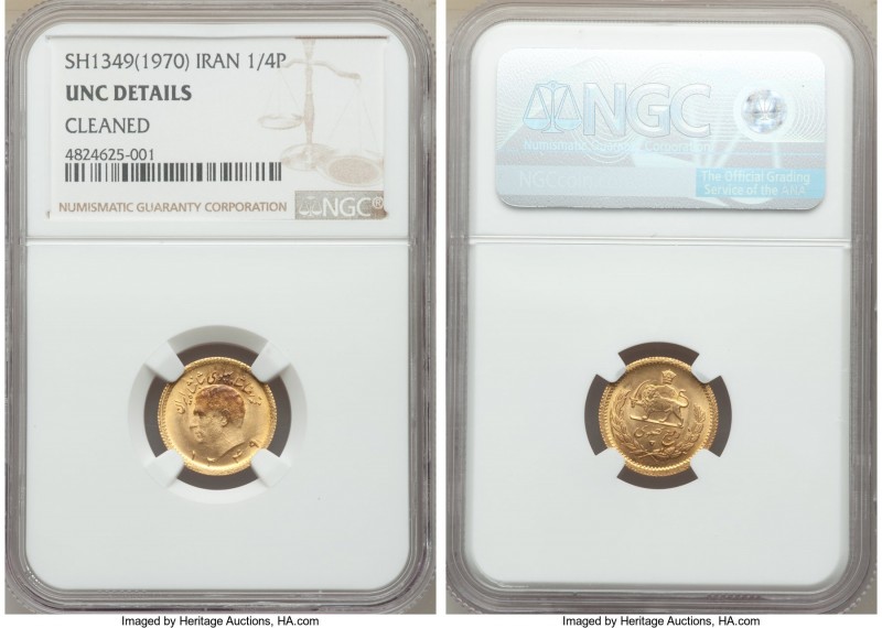 Muhammad Reza Pahlavi gold 1/4 Pahlavi SH 1349 (1970) UNC Details (Cleaned) NGC,...