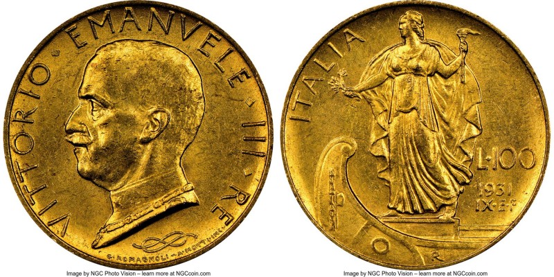 Vittorio Emanuele III gold 100 Lire 1931-R MS62 NGC, Rome mint, KM72. AGW 0.2546...