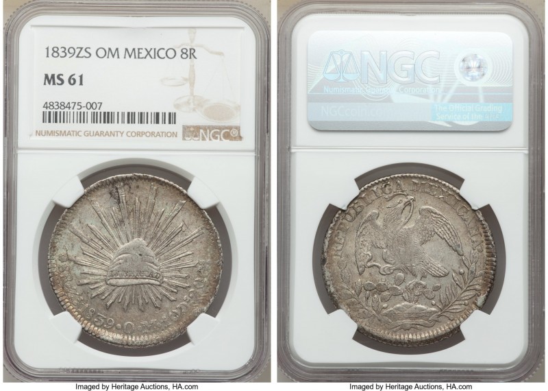 Republic 8 Reales 1839 Zs-OM MS61 NGC, Zacatecas mint, KM377.13, DP-Zs19.

HID09...