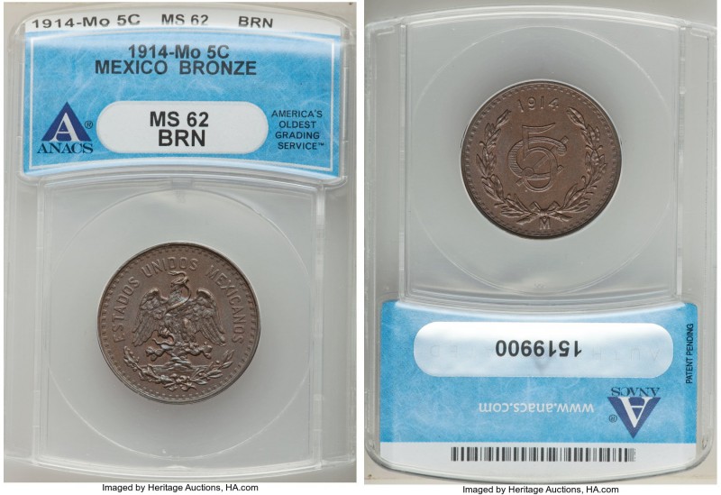 Estados Unidos 5 Centavos 1914-Mo MS62 Brown ANACS, Mexico City mint, KM422. Fir...