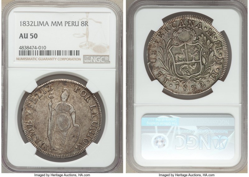 Republic Pair of Certified 8 Reales NGC, 1) 8 Reales 1832 LM-MM - AU50, Lima min...