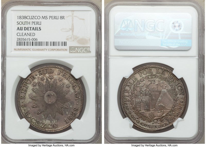 South Peru. Republic 8 Reales 1838 CUZCO-MS AU Details (Cleaned) NGC, Cuzco mint...