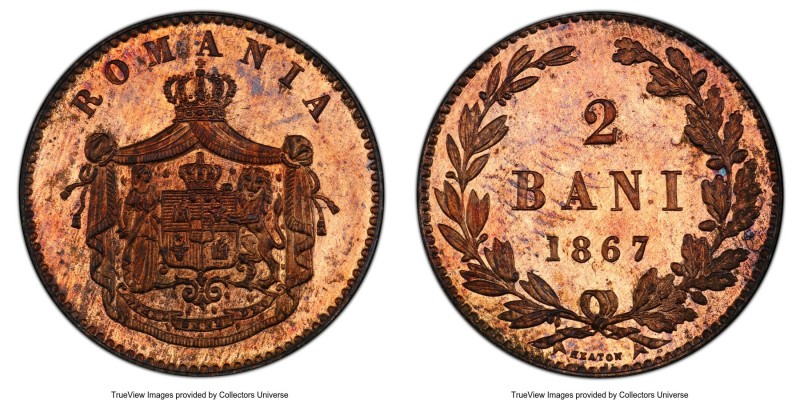 Carol I Specimen 2 Bani 1867-HEATON SP65 Red and Brown PCGS, Heaton mint, KM2.1....