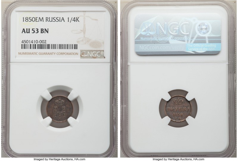 3-Piece Lot of Certified 1/4 Kopecks NGC, 1) Nicholas I 1/4 Kopeck 1850-EM AU53 ...